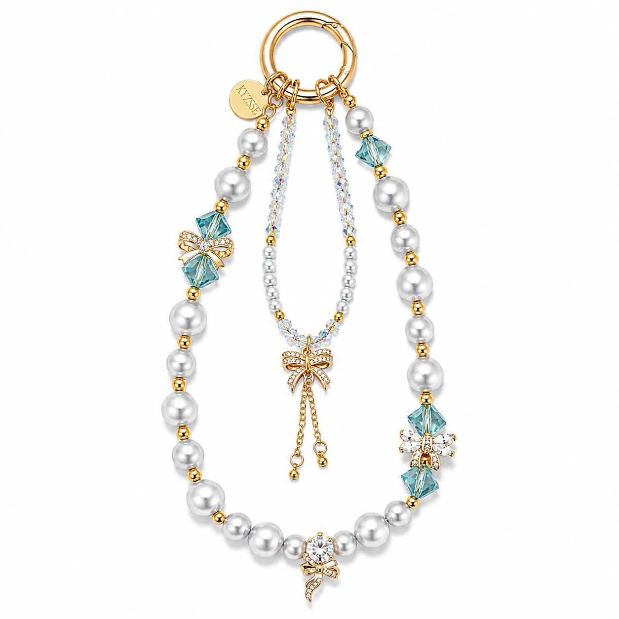 A gold-tone key ring bag charm featuring a pearl bead chain, light blue faceted crystal accents, a bow-shaped crystal charm, and a central dangling chain with a crystal-encrusted bow pendant, shown on a plain white background.