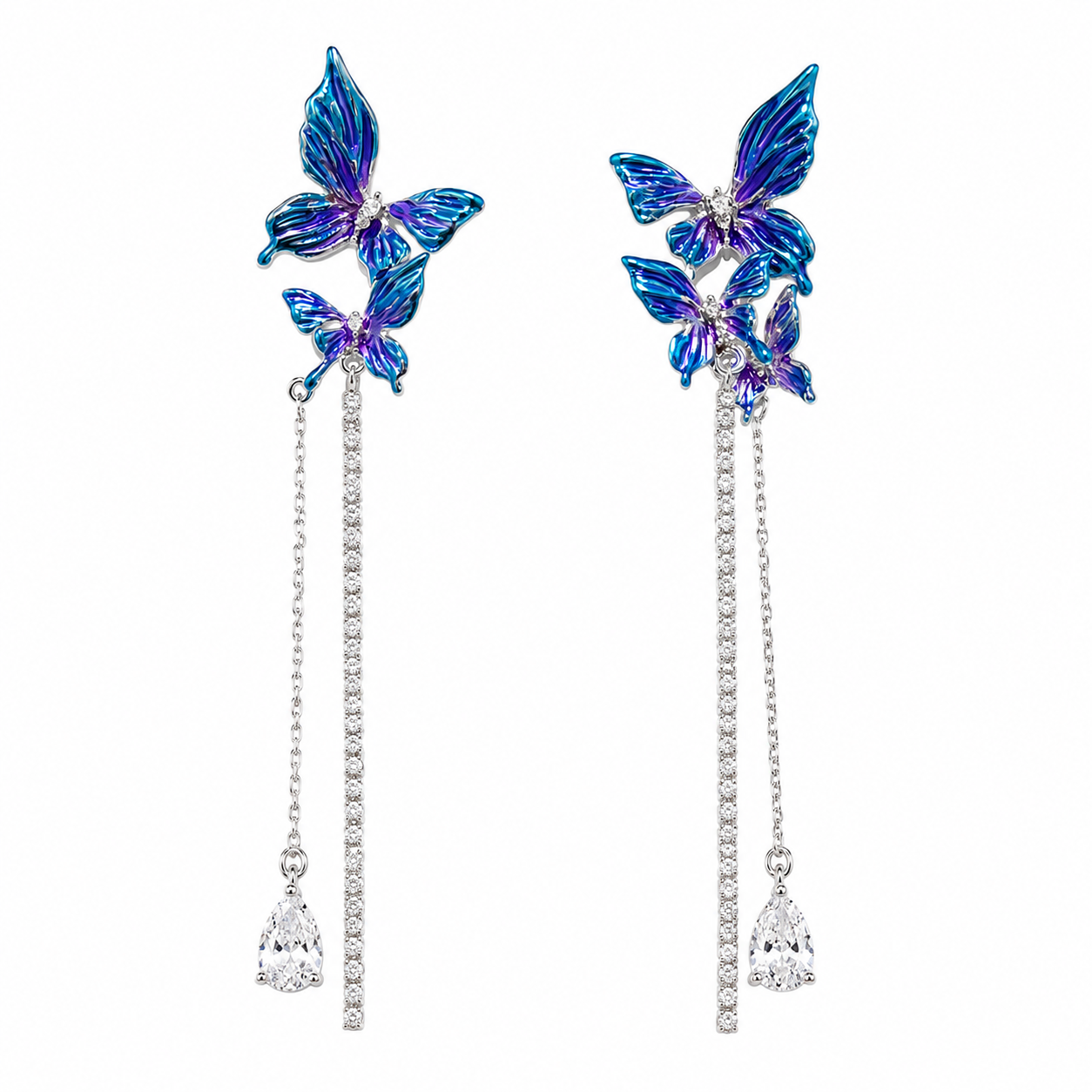 Blue Butterfly Crystal Tassel Earrings