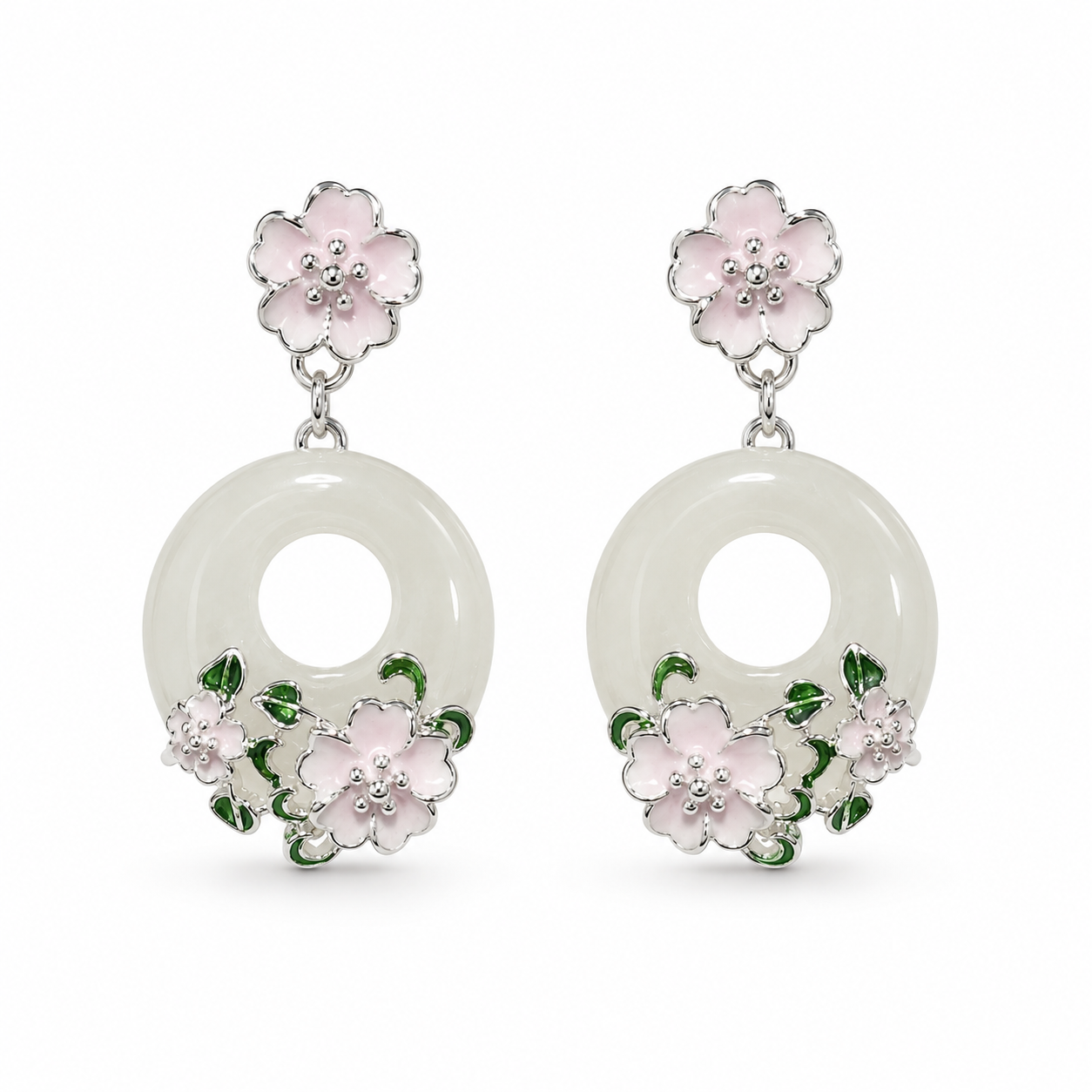 Pink Blossom Jade Ring Drop Earrings