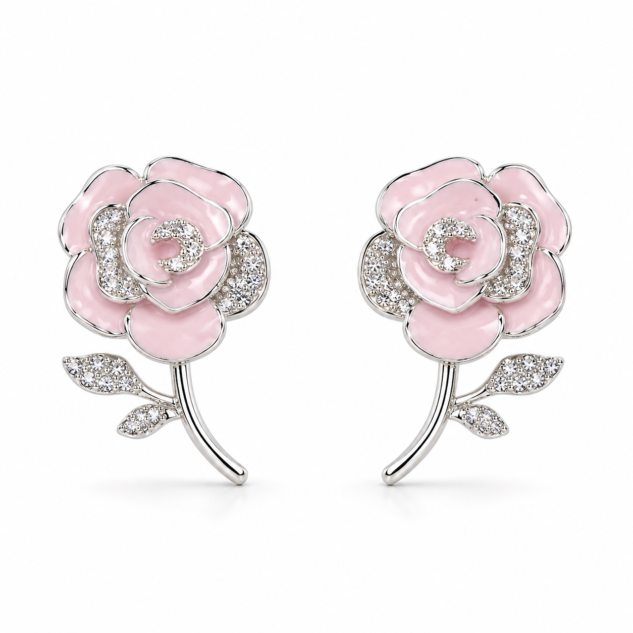 Pink Camellia Crystal Stud Earrings
