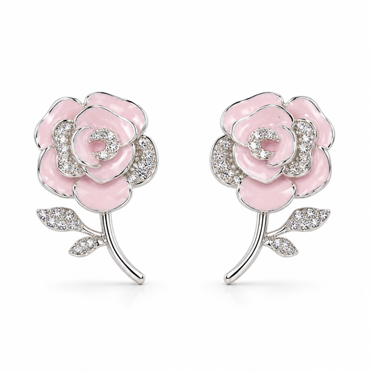 Pink Camellia Crystal Stud Earrings
