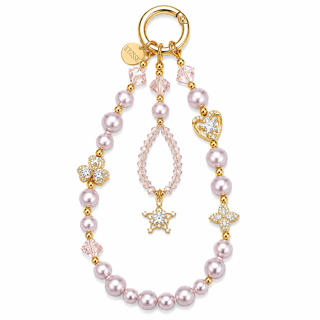 A gold-plated charm keychain featuring light pink faux pearls, pink faceted crystals, a heart-shaped crystal charm, a clover charm, and a teardrop crystal charm with a star accent, all attached to a gold split ring.