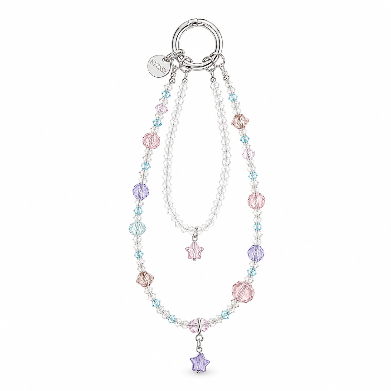 A double-strand beaded charm bracelet with a silver-tone ring clasp. One strand features clear beads, and the other is adorned with pastel pink, light blue, and lavender purple beads, including flower and star charms.