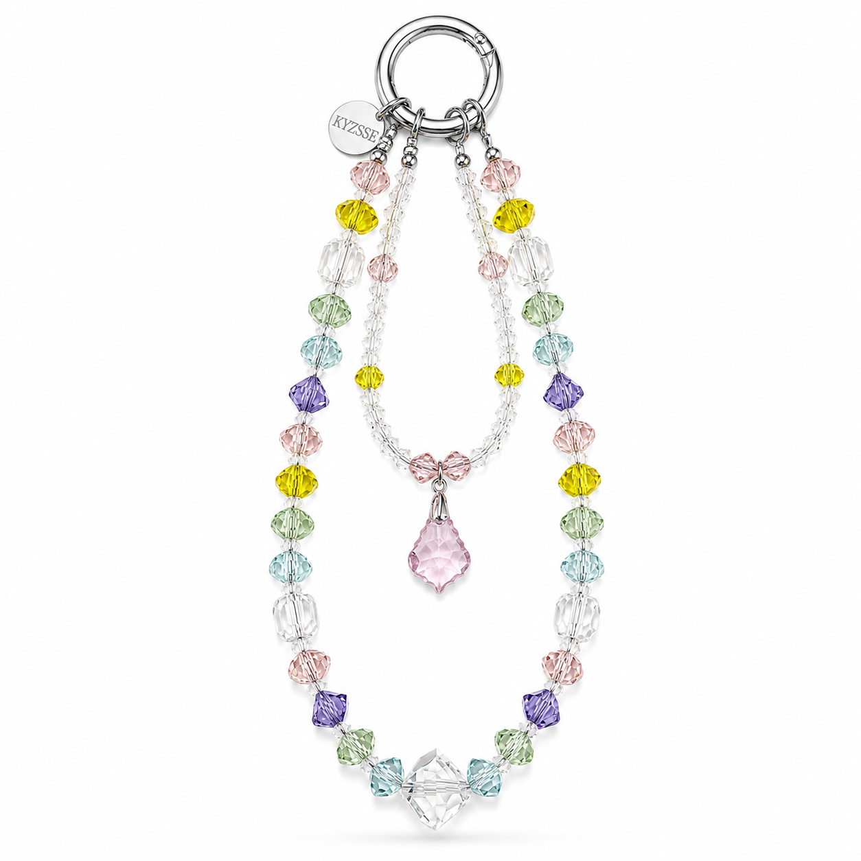 A crystal and bead necklace with a silver-tone ring clasp, featuring multicolored faceted beads in pink, yellow, green, blue, and purple, a small pink bow detail, and a large clear teardrop crystal pendant.